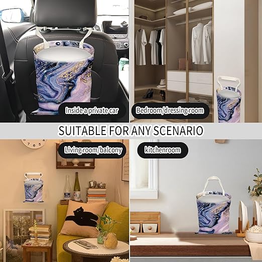 Car Trash Can, Hanging Garbage Bin for Men and Women, Cute Car Organizer and Storage Bag, Canvas Vehicle Trash Can Bag Easy-to-Install Luxuious Purple Marble