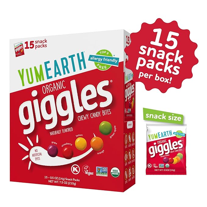 YumEarth Organic Giggles Chewy Candy – Allergy Friendly, No Artificial Dyes, Non GMO, Gluten Free, Fruit Flavored, Vegan Candy Snacks with No Artificial Flavors, 0.5 oz (Box of 15)