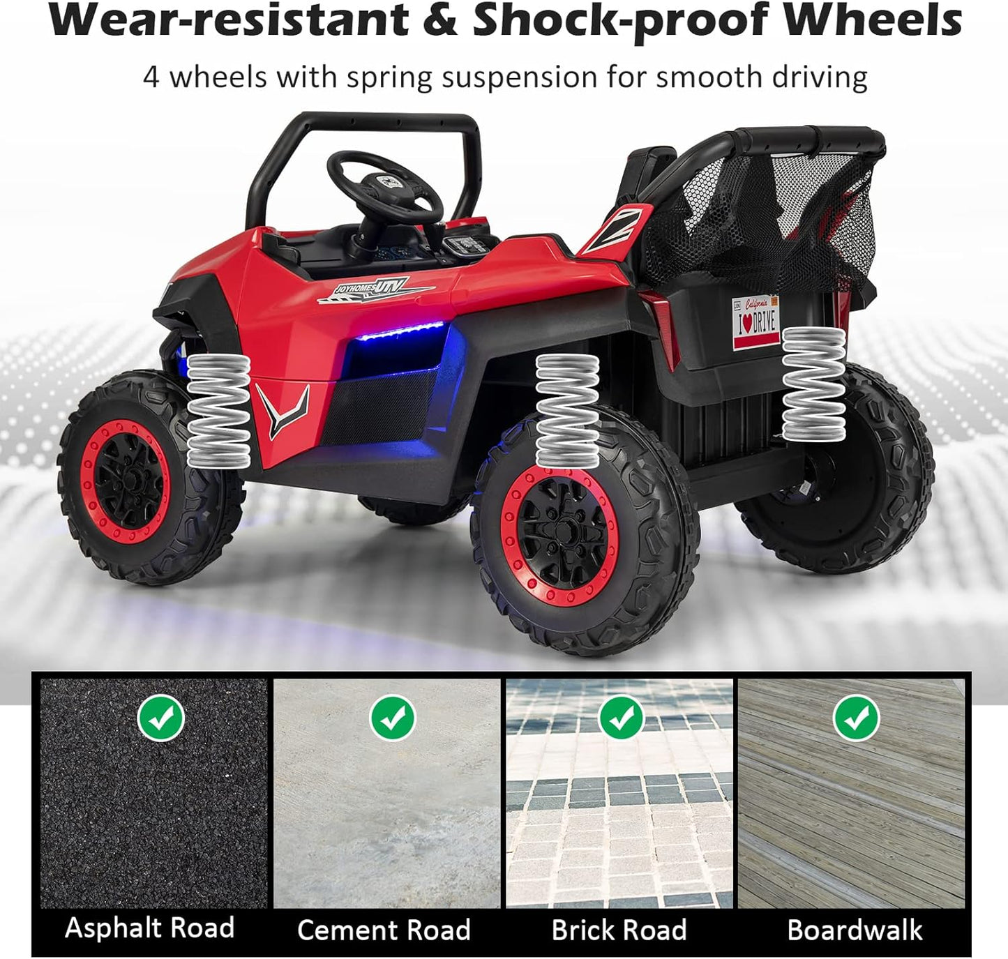 Costzon 2-Seater Ride on Car for Kids, 12V Kids' Electric Vehicles w/Remote Control, 4 Shock Absorbers, Wireless Music & FM, 3 Speeds, Ambiance Lights, Electric Car UTV for Boys Girls (Red)