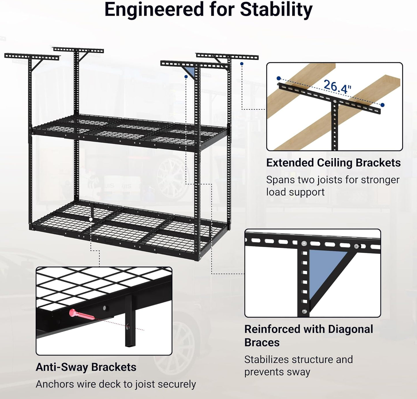 FLEXIMOUNTS 3x6 2-Tier Overhead Garage Storage Rack – Adjustable Heavy Duty Metal Garage Ceiling Storage Racks, 880 lbs Capacity – Garages Organization System for 10–15 ft Tall Garages, Black