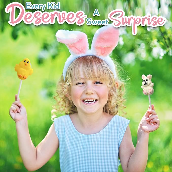 24 Easter Candy Lollipops Individually Wrapped Bulk Variety Pack - Bunny, Chick, Egg - Easter Basket Stuffers - Egg Hunt - Candy Dish (Strawberry, Raspberry, Lemon)