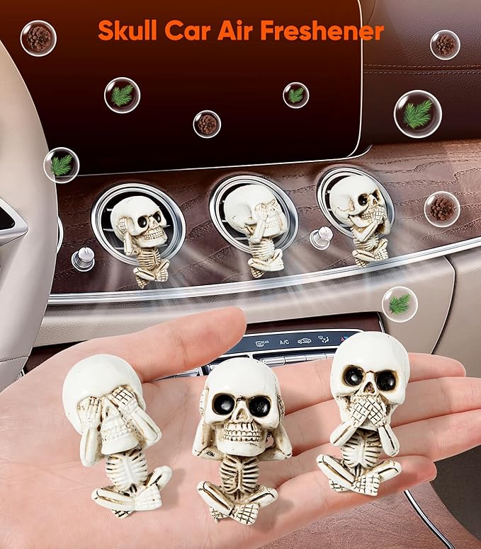 Skull Decor Halloween Car Air Freshener Vent Clips, Goth Decor Interior, Gothic Cool Decoration Horror Skeleton Dashboard Accessories Spooky, Cute Funny Gifts for Men Women