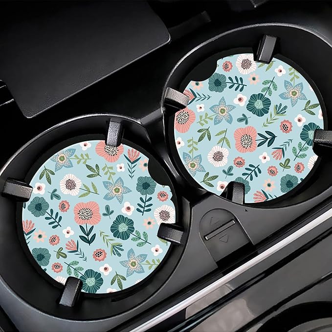 Vintage Floral Patterns Car Cup Holder Coaster, Car Coasters for Cup Holder, 2 Pack Cute Retro Flowers Anti-Slip Absorbent Ceramic Car Cup Coasters for Women Men with Finger Notch Cork Base 2.56"