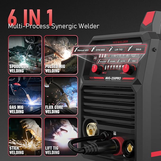 YESWELDER MIG-250PRO Aluminum MIG Welder, 250A 110V/220V Advanced Digital Display, MIG/Pulsed MIG/Flux Core/Spool Gun MIG/Lift TIG/Stick 6-In-1 Multiprocess Welding Machine, Spool Gun Compatible