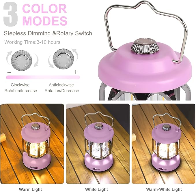 Rechargeable LED Camping Lanterns, Vintage Camping Lights Battery Operated, Portable Retro Metal Glamping Lights for Hiking, Hurricane, Decoration, Power outages, Pink, 1 Pack