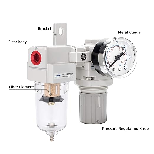 NANPU 1/4" NPT Compressed Air Filter Regulator Combo Piggyback, 5 Micron Element, Poly Bowl, Semi-Auto Drain, Bracket, Gauge (ARF2000)