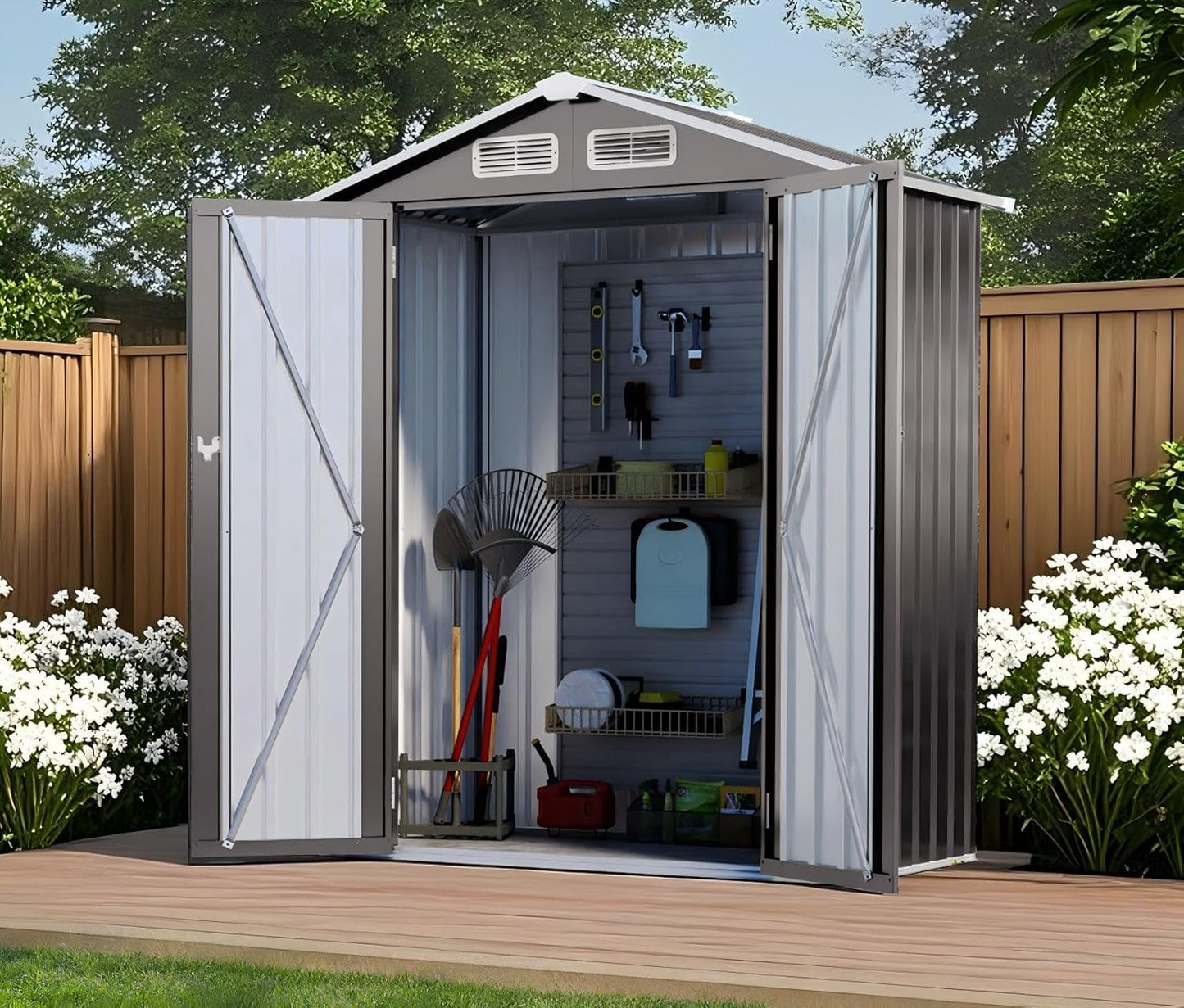 5X3 FT Metal Outdoor Storage Shed, Waterproof Tool House with Peaked Roof and Lockable Door, Weather-Resistant Garden Sheds for Backyard, Patio, Sundries and Bike Storage, Gray