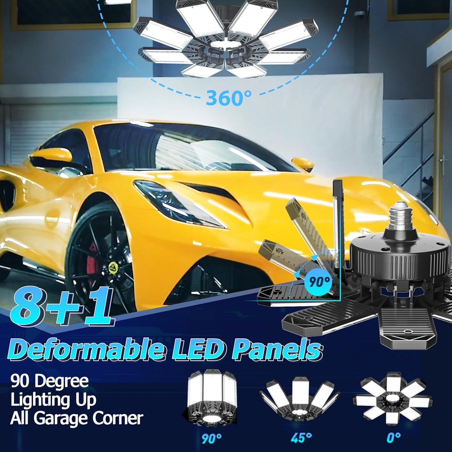 ISKYDRAW Garage Lights 6 Pack, 260W 26000LM Bright LED Garage Light with 8+1 Foldable Panels, Ceiling Basement Lights Screw in E26 E27 Socket Shop Bay Lighting for Workshop, Barn, Warehouse