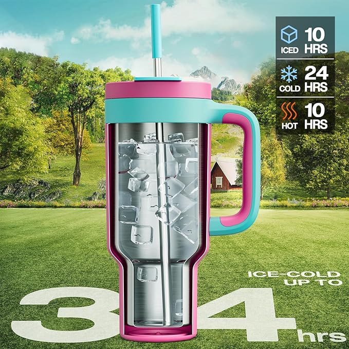 POWCAN 40 oz Tumbler with Handle, 2-in-1 Straw and Sip Lid, Leakproof, Dishwasher Safe, Insulated Stainless Steel Travel Coffee Mug, Keeps Cold for 34 Hours, Fits in Car Cup Holder (Barbie)