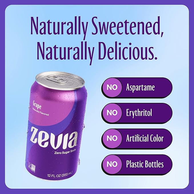 Zevia Zero Sugar Soda, Grape, 12 oz Cans (24-Pack) – Naturally Sweetened, Zero Calorie Sugar Free Soda - Non-GMO Project Verified, Gluten-Free, Vegan