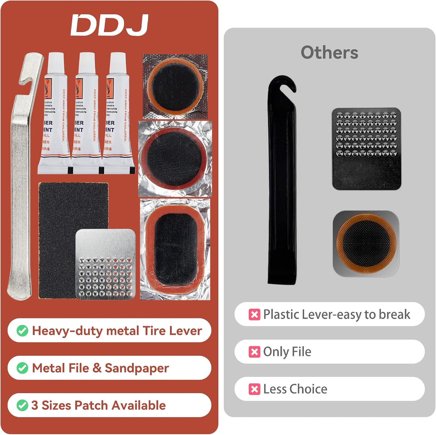 DDJ Bike Tire Repair Kit 43 PCS, Bicycle Inner Tube Puncture Patch Kits with 30 PCS Vulcanizing Parches, Metal Tire Lever & Rasp, Portable Bike Tire Patch Kit for MTB, Road Bike,Parches Para Bicicleta