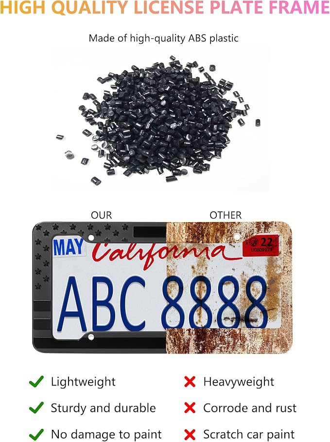 American Flag License Plate Frames - 2 Pack Black Patriotic USA Car Tag Frame, Raised 3D Stars & Stripes Plastic Holder with 3D Metal Decals