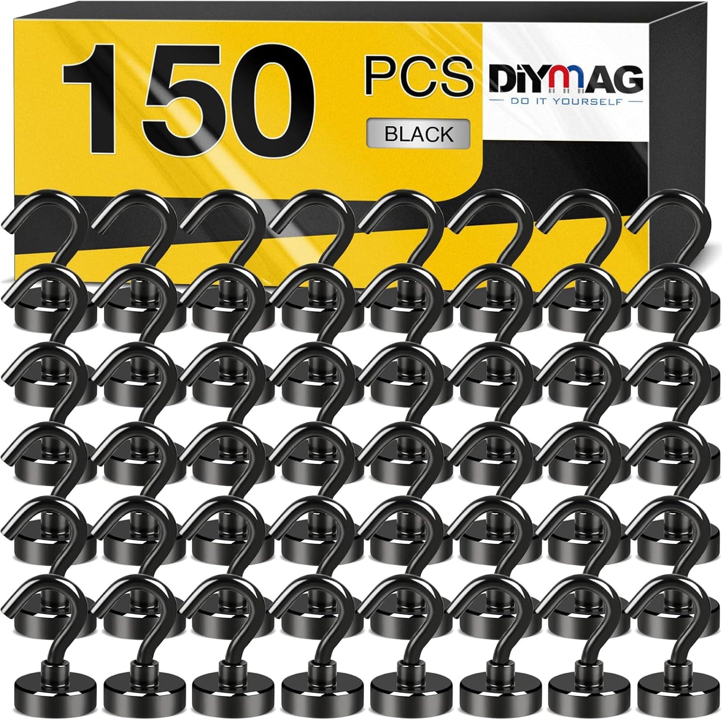 DIYMAG Magnetic Hooks, 30Lbs Strong Heavy Duty Cruise Magnet S-Hooks for Classroom, Fridge, Hanging, Cabins, Grill, Kitchen, Garage, Workplace and Office Etc, (150 Pack-Black),Screw in Hook