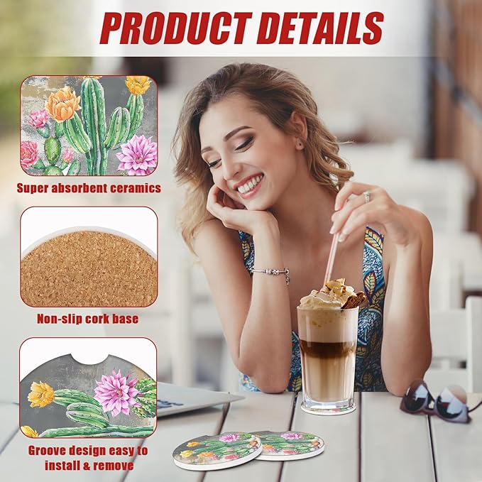 Tropical Cactus Car Coasters for Cup Holders, Plant Flower Absorbent Ceramic Car Coaster Car Cup Holder Coaster Car Accessories for Women Men (2 Pack)