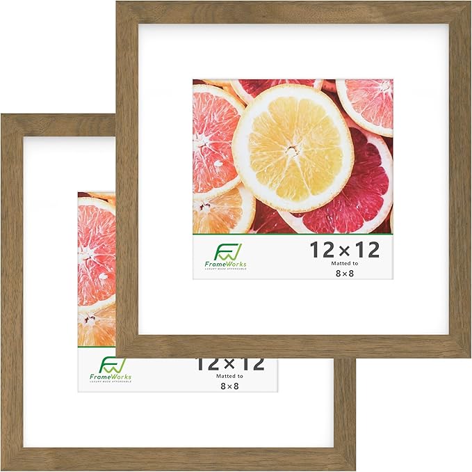 FrameWorks 2-Pack, 12x12 Matted to 8x8 Picture Frame, Dark Oak – Classic Wooden Photo Frame with Tempered Glass, Modern Matte Finish for Prints, Posters, Certificates & Wall Decor – Gallery-Ready