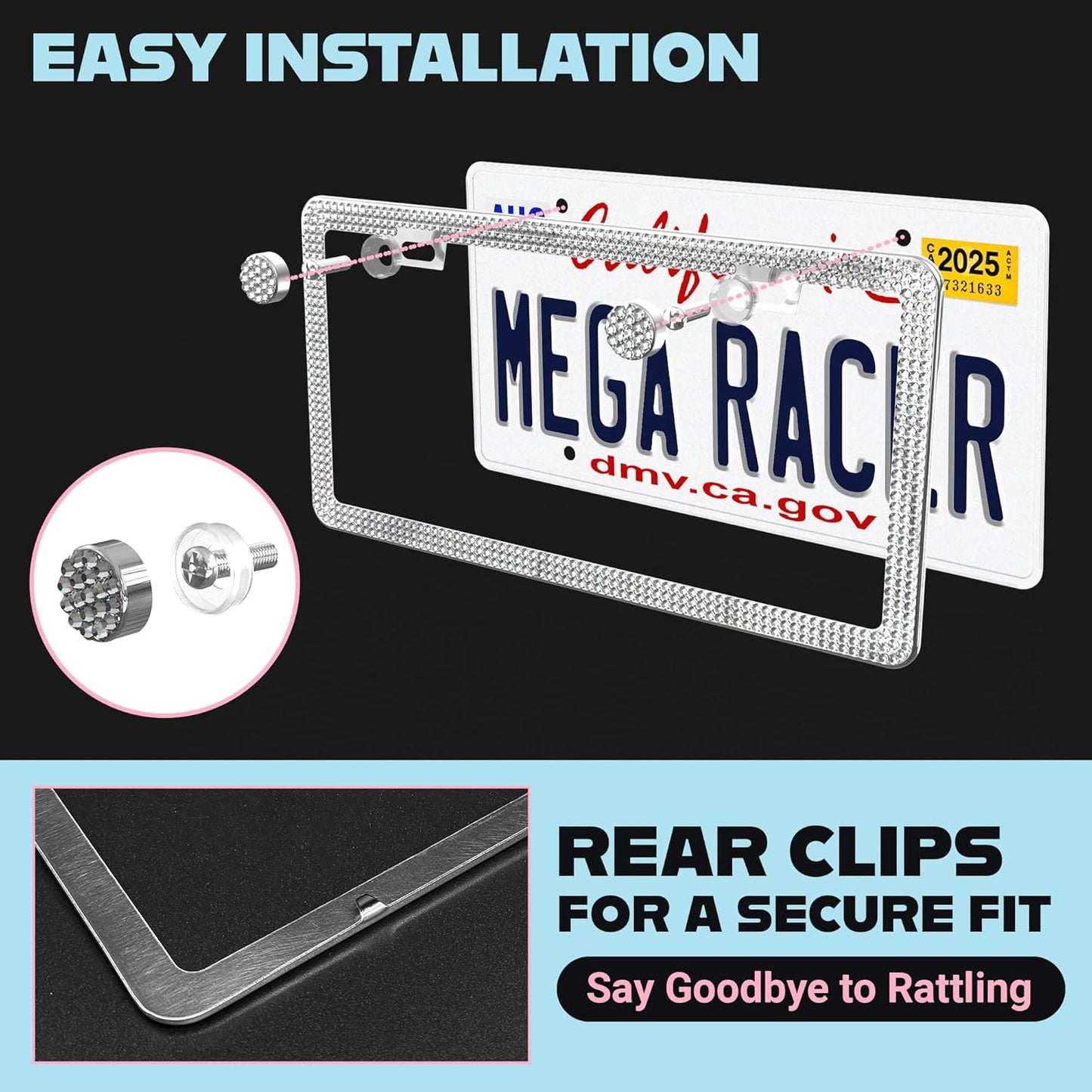 Dazzling Bling License Plate Frames for Women - 2 Pack, 1600 Premium Rhinestones, Rust-Free Stainless Steel, Street Legal Slim Design, Sparkly Diamond Car Tag Holders with Glitter Crystal Screw Covers