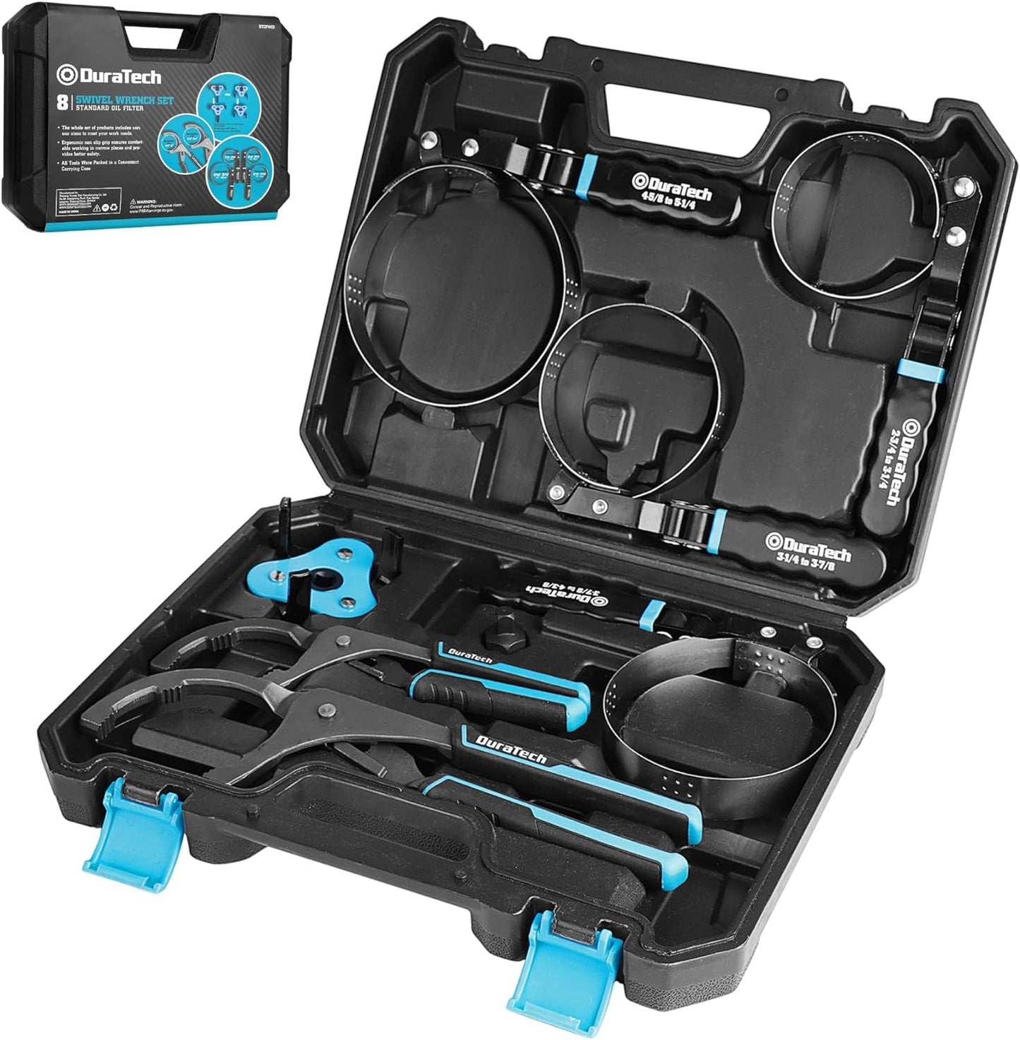 DURATECH 8-Piece Oil Filter Swivel Wrench Set, Wrenches Cover 2-3/4" to 5-1/4", 9" & 12" Adjustable Oil Filter Pliers, Universal 3-Jaw Removal Tool with 1/2" to 3/8" Adapter, Organized in Storage Case