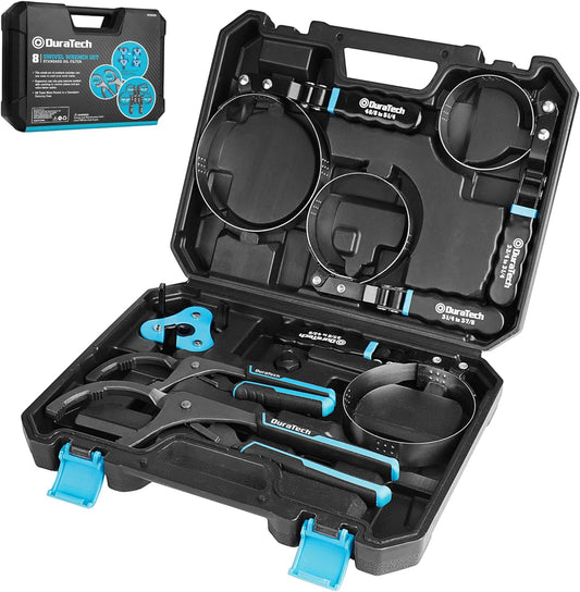 DURATECH 8-Piece Oil Filter Swivel Wrench Set, Wrenches Cover 2-3/4" to 5-1/4", 9" & 12" Adjustable Oil Filter Pliers, Universal 3-Jaw Removal Tool with 1/2" to 3/8" Adapter, Organized in Storage Case