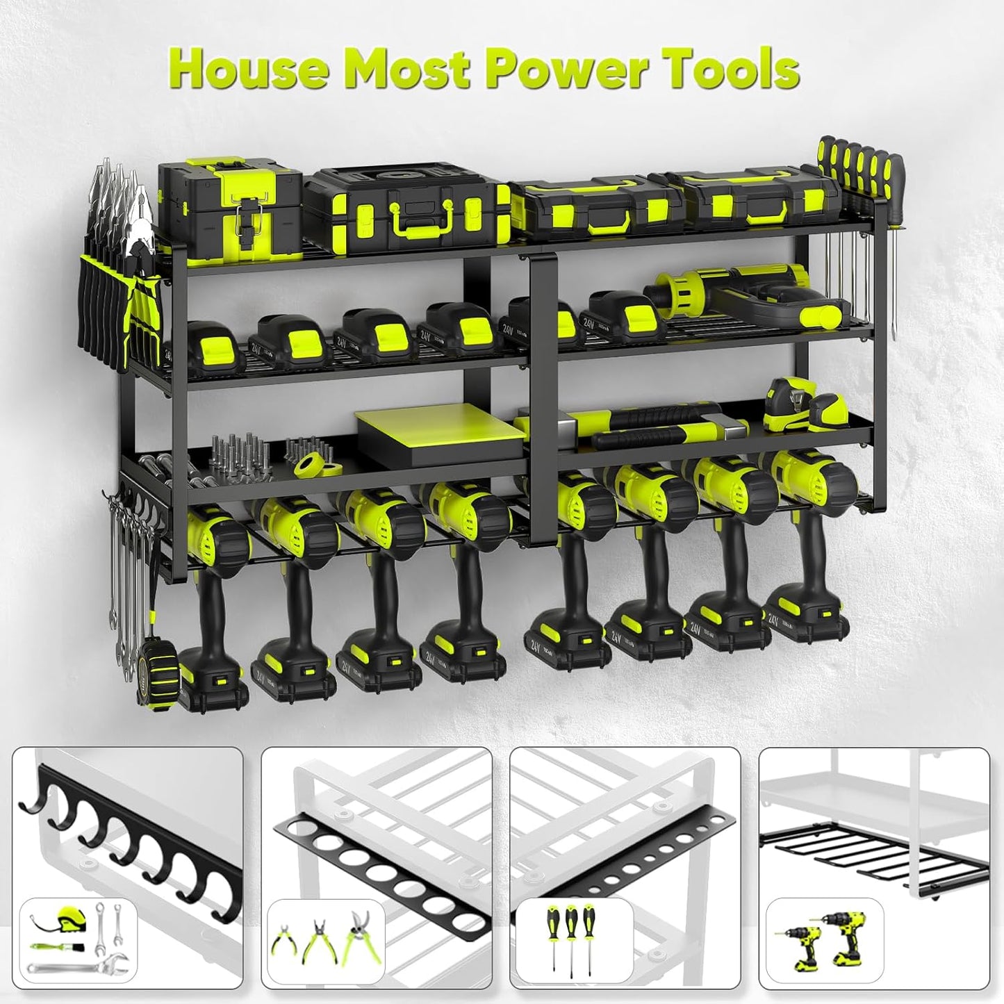 33" W Large Power Tool Organizer Wall Mount Loads 400 lbs, Heavy Duty 8 Drills Holder, 4-Tier Cordless Tool Battery Storage Shelf, Utility Racks for Garage Workshop Shed, Gifts for Men Husband