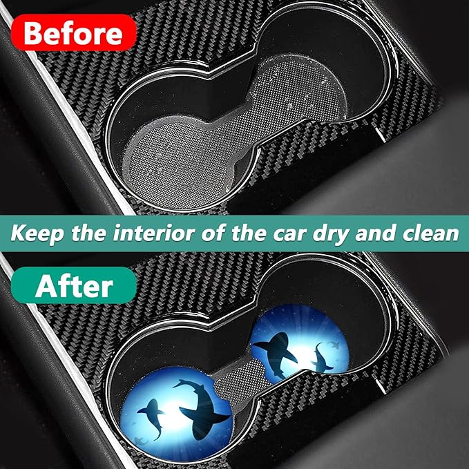 2 Pack Car Cup Holder Coasters - Blue Cute Shark Absorbent Ceramic Coaster, Car Coasters for Cup Holders, Car Interior Accessories for Women Men