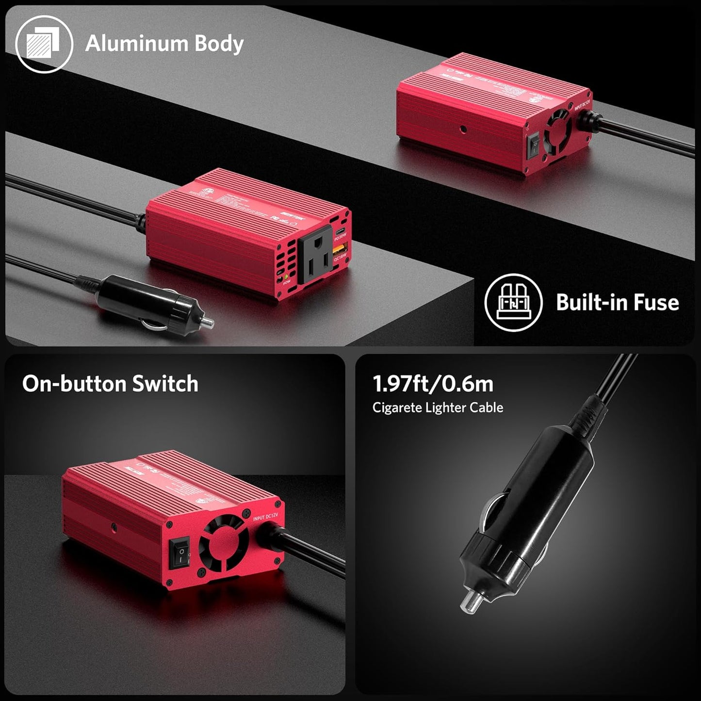 BESTEK [PD 30W&QC 3.0 18W USB Charger] 150W Car Power Inverter, DC 12V to 110V AC Converter Laptop Car Charger Outlet Adapter for car