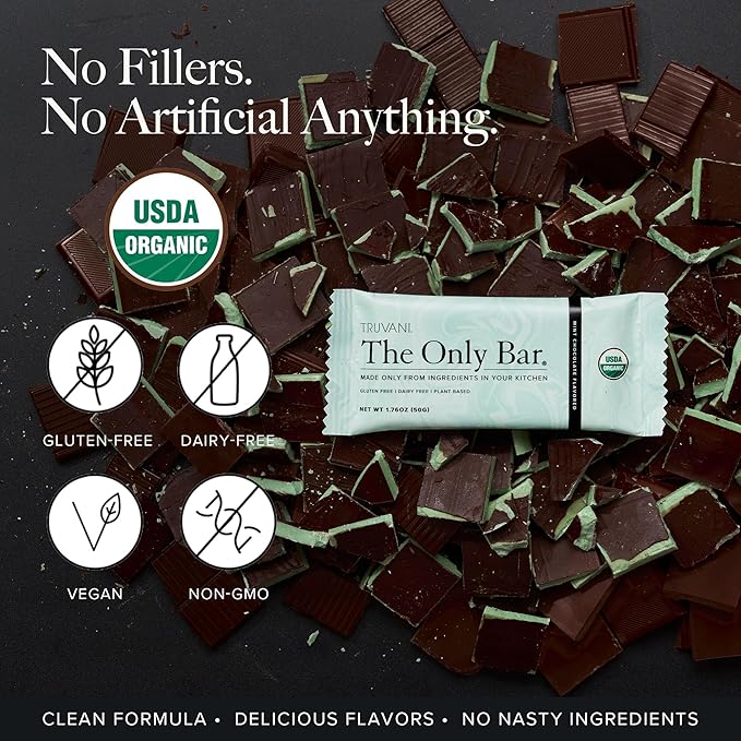 Truvani Plant Based Snack Bars | Chocolate Mint 1 Pack | 7g Protein | USDA Organic and Vegan | The Only Bar | Dairy, Soy, and Gluten Free | Individually Wrapped