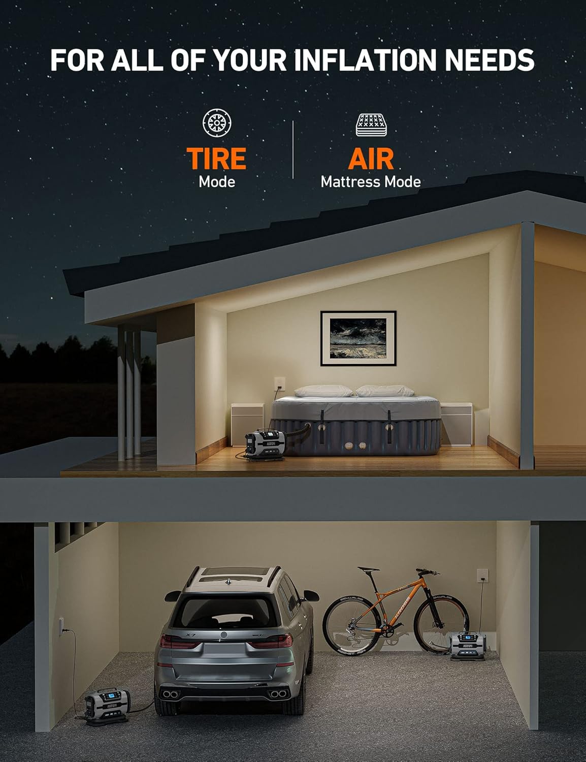 AstroAI Tire Inflator Portable Air Compressor Pump 150PSI 12V DC/110V AC with Dual Metal Motors &LED Light, Automotive Car Accessories&Two mode for car, bicycle tires and air mattresses, Gray