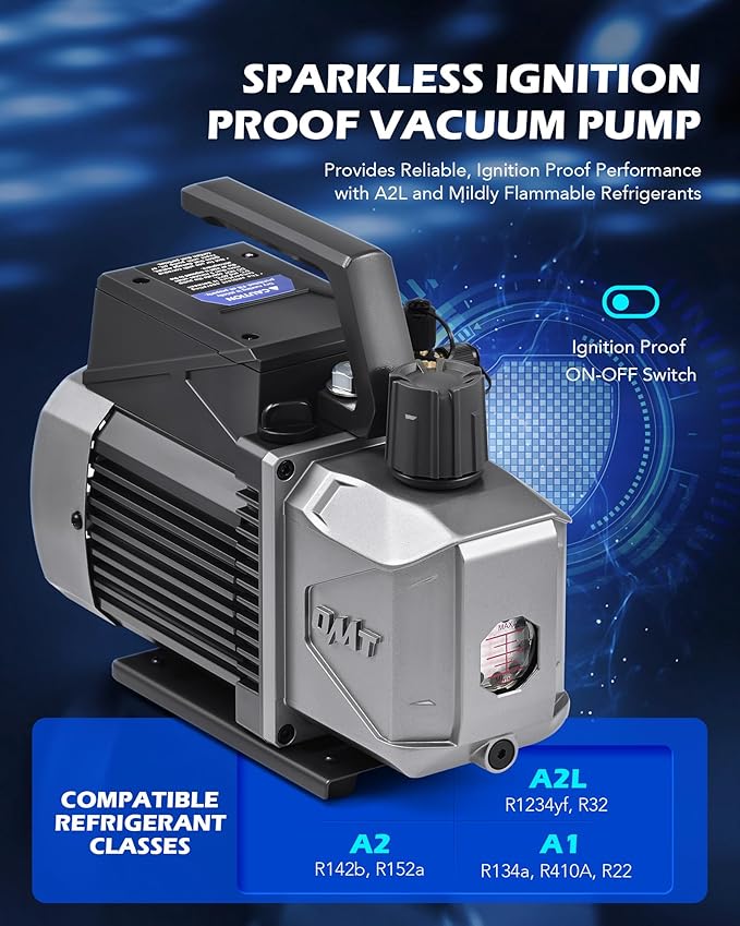 Orion Motor Tech A2L AC Vacuum Pump and Gauge Set, for R1234yf R32 R134a R410A Systems with 3.5 cfm Sparkless Ignition Proof Vacuum Pump, 3 Way AC Gauges Quick Couplers Can Taps Hoses Thermometer