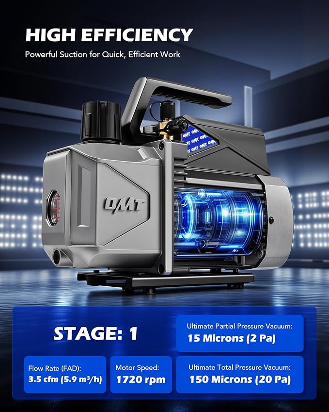 Orion Motor Tech A2L AC Vacuum Pump and Gauge Set, for R1234yf R32 R134a R410A Systems with 3.5 cfm Sparkless Ignition Proof Vacuum Pump, 3 Way AC Gauges Quick Couplers Can Taps Hoses Thermometer