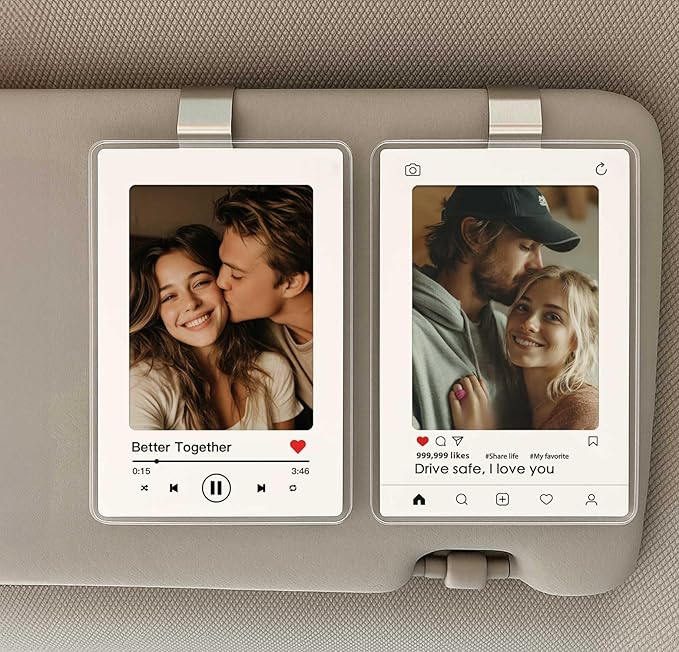 2 x Personalized Car Visor Photo Frame with Clip – 2 Acrylic Frames, 5 Interchangeable Mats – No Adhesive Design, Heat-Resistant Keepsake for Car, Valentine’s, Couple Anniversary, Wedding Gift for Him or Her