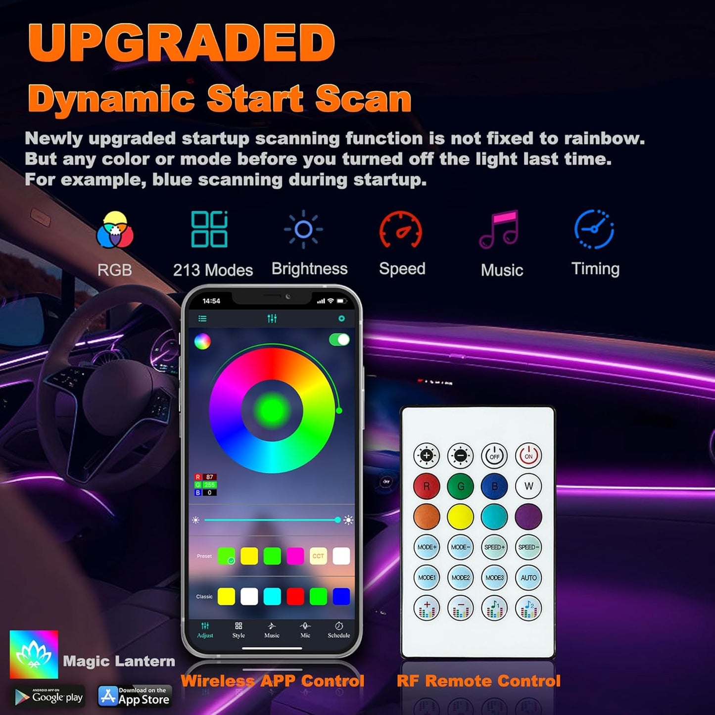 Acrylic LED Lights - Interior Car Ambient Lighting Kits with Dynamic Rainbow Dream Color Chasing, Music Sync (6 in 1(4 * 29.5+43.3+14.5 inches))