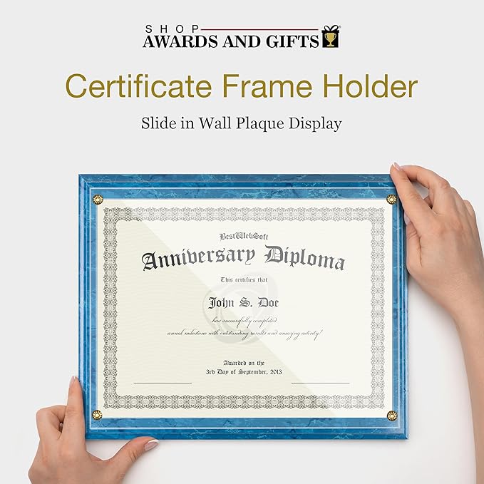 SHOP AWARDS AND GIFTS 8.5 x 11 Certificate Frame Holder, Slide in Wall Plaque Display, 10.5 x 13 Inch Board, Blue