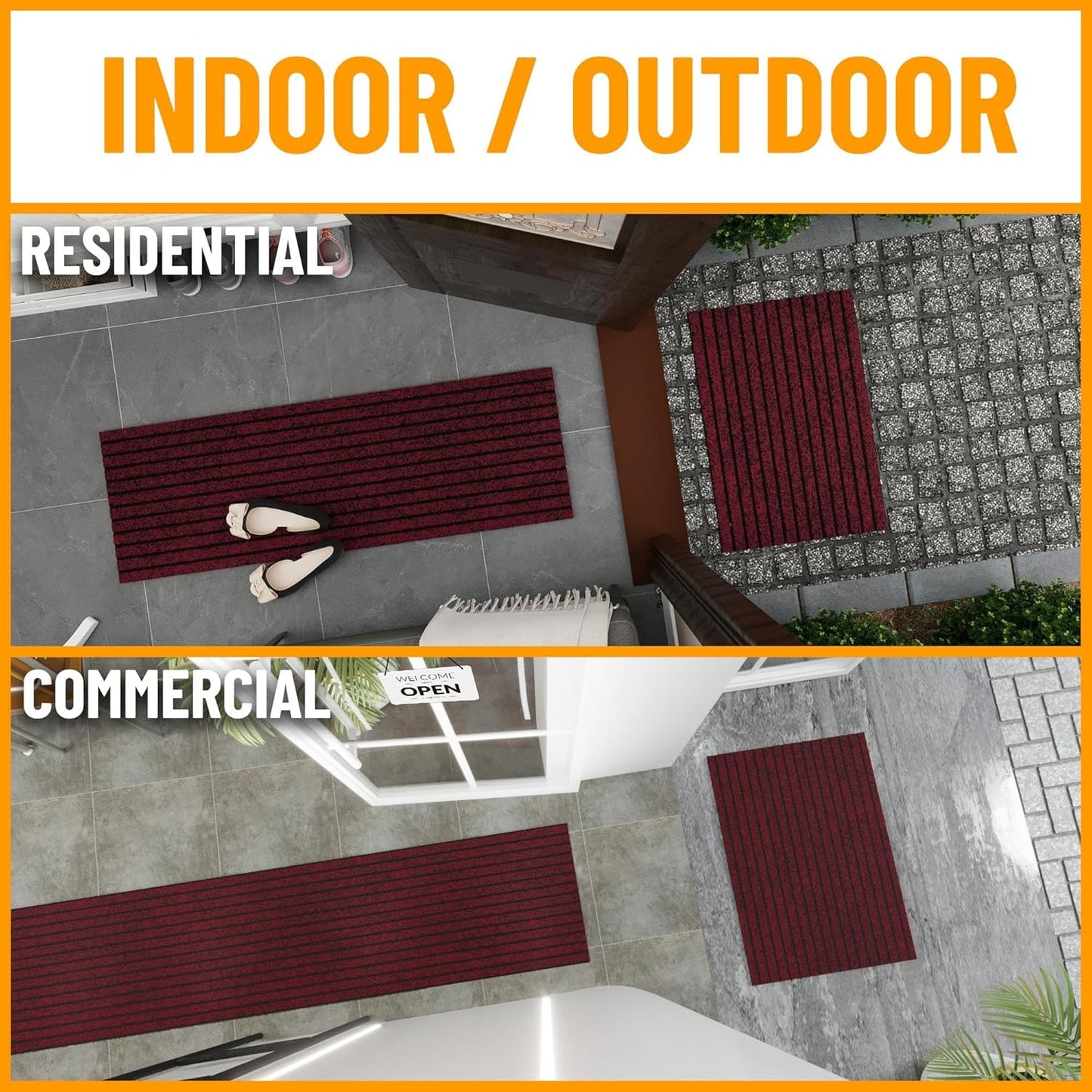 Ottomanson 2' x 7' Hallway Runner with Scraper Pile - Extra Durable Non-Slip Rug Mat for Indoor & Outdoor Use - Ideal for Kitchen, Entryway, Patio & Garage - High-Traffic Carpet, Red