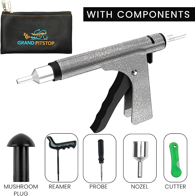 GRAND PITSTOP Tubeless Tire Gun Puncture Repair Kit with Mushroom Plug for Tyre Punctures and Flats on Cars, Motorcycles, ATV, Trucks & Tractors (Gun Kit Antic Silver)