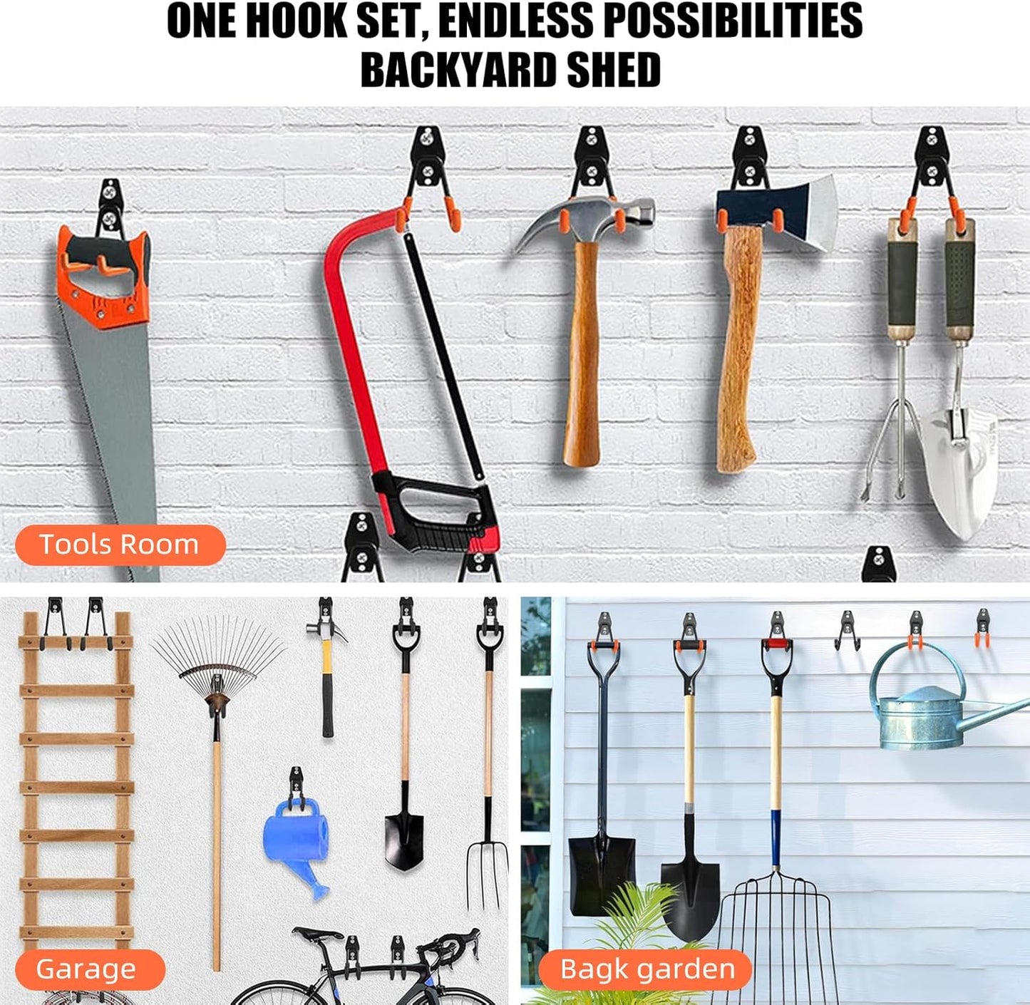 Garage Hooks, 6 Pack Medium Square Wall Hooks for Hanging Heavy Duty Ladders, Bikes, Tools Ideal for Garage, Garden, Basement Utility Room Storage (Orange)