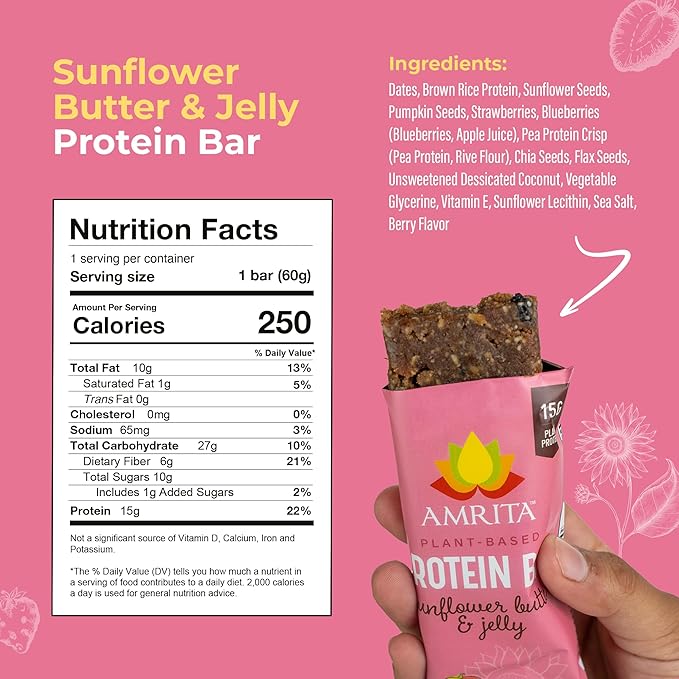 Amrita Nut Free Vegan Protein Bars (12 CT PK of 3) | Sunflower Butter & Jelly 15g Plant-Based Protein Bar | Peanut-Free, Gluten Free, and Dairy-Free | No Added Sugar, Healthy Snacks for Kids/Adults