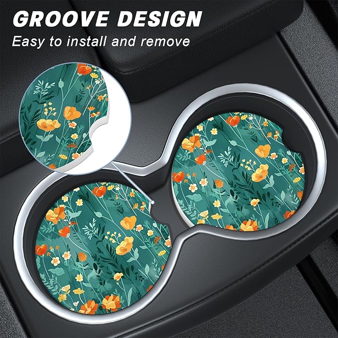 Car Cup Holder Coasters, 2 Pack Universal Auto Anti Slip Insert Coaster with A Finger Notch, Cup Mat for Most Car Interior, Beautiful Flowers
