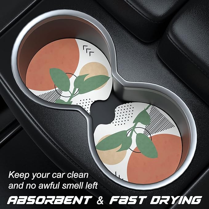 Car Cup Holder Coasters, 2 Pack Universal Auto Anti Slip Insert Coaster with A Finger Notch, Cute Car Assecories for Women Men, Cup Mat for Most Interior, Modern Abstract Art