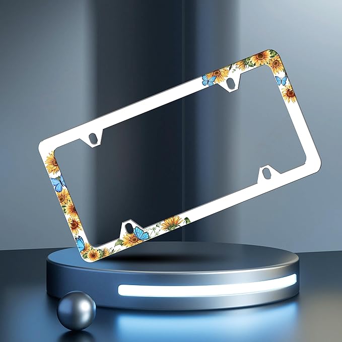 2 Pieces Blue Butterfly Sunflower License Plate Frame Funny License Plate Frames Personalise Stainless Steel Design Compatible with Standard License Plate Holder for USA and Canada 6 X 12 with Screws