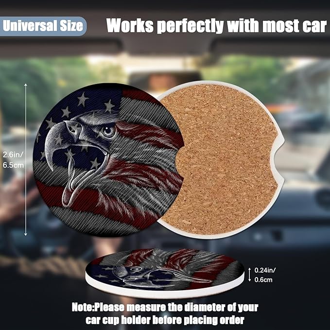 Car Cup Holder Coaster - American Flag Eagle Absorbent Ceramic Coaster, Car Coasters for Cup Holders, Auto Accessories for Women & Men, Pack of 2