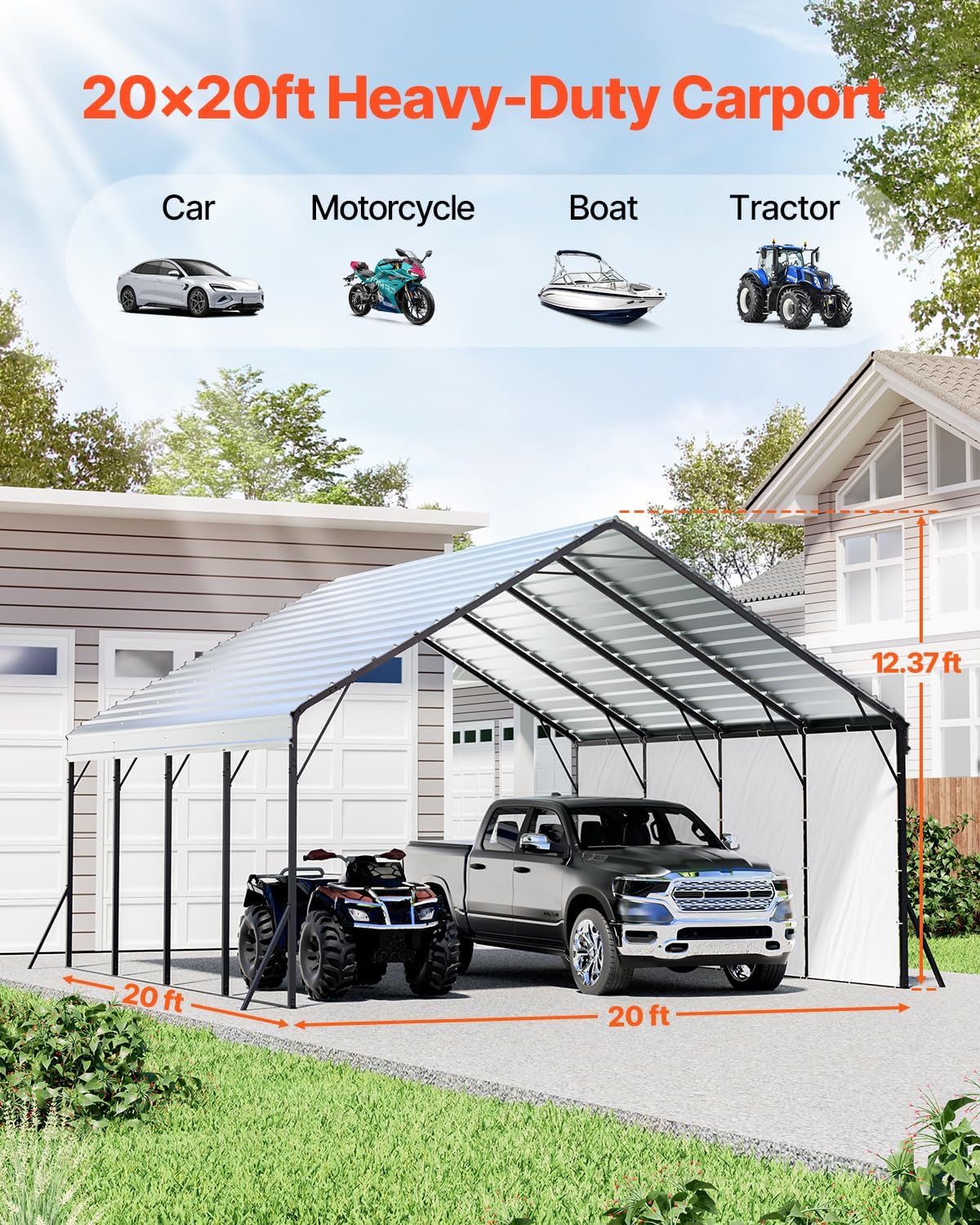 VEVOR Heavy Duty Metal Carport, 20 x 20 ft Outdoor Carport with Sturdy Frame & Roof, Car Garage Shade with Removable Sidewalls, Multi-Use Car Shelter for Pickup, Boat, Trucks & Tractors