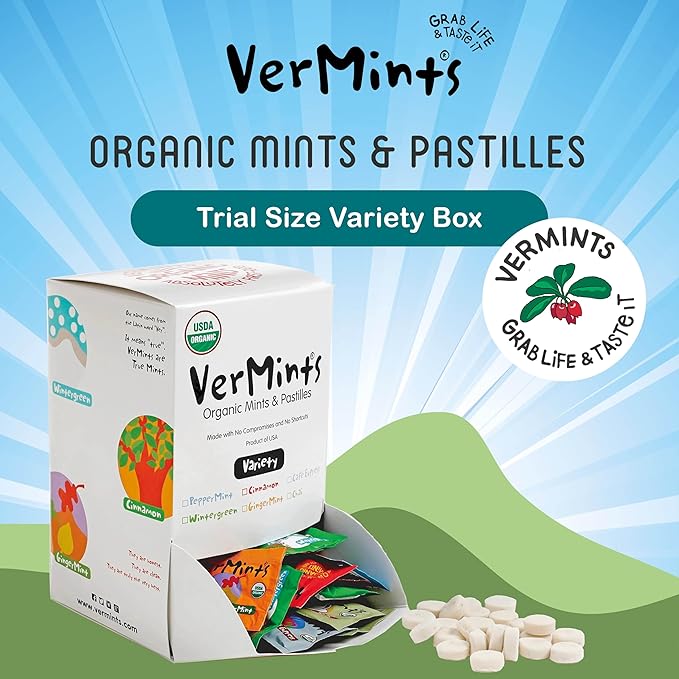 VerMints Organic Breath Mints – Travel Size Peppermints, Ginger Mints, Wintergreen, Cinnamon, Chai & Cafe Express Flavored Candy - Non-GMO, Gluten-Free, Vegan & Kosher Healthy Refresh - 120 Count