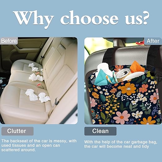Colorful Flowers and Plants Car Garbage Bag,Small Car Trash Bag Hanging,Drawstring Car Garbage Bag with Adjustable Buckle for Car Back Seat,SUVs,Camping,Road Trips