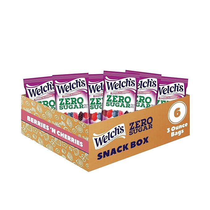Welch's Zero Sugar Fruity Bites, Berries 'n Cherries Snack Box, Gluten Free & Sugar Free Snacks, 3oz Snack Packs (Pack of 6)