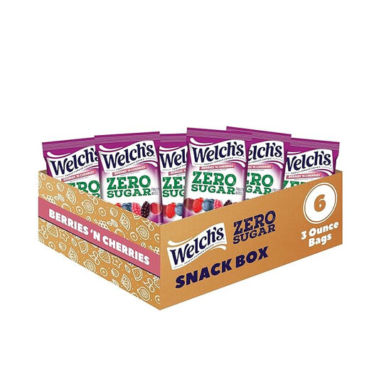 Welch's Zero Sugar Fruity Bites, Berries 'n Cherries Snack Box, Gluten Free & Sugar Free Snacks, 3oz Snack Packs (Pack of 6)