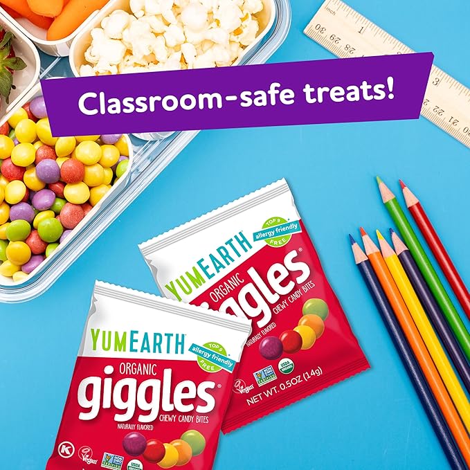 YumEarth Organic Giggles Chewy Candy – Allergy Friendly, No Artificial Dyes, Non GMO, Gluten Free, Fruit Flavored, Vegan Candy Snacks with No Artificial Flavors, 0.5 oz (Pack of 120)
