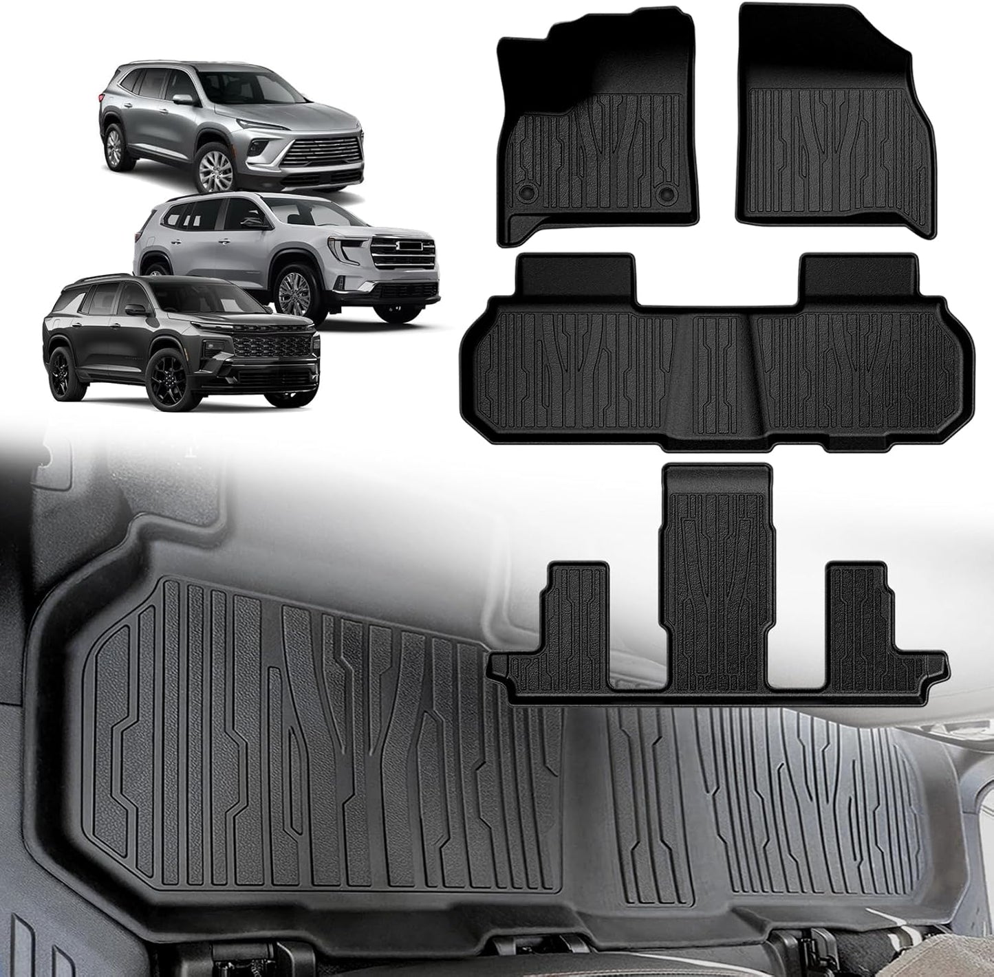 TripleAliners Floor Mats All Weather Compatible with 2024+ GMC Acadia/Chevy Traverse|2nd row captain's chairs/2025 Buick Enclave Accessories Full Set Floor Liners TPE Custom Fit Protector Car Mat 4-pc