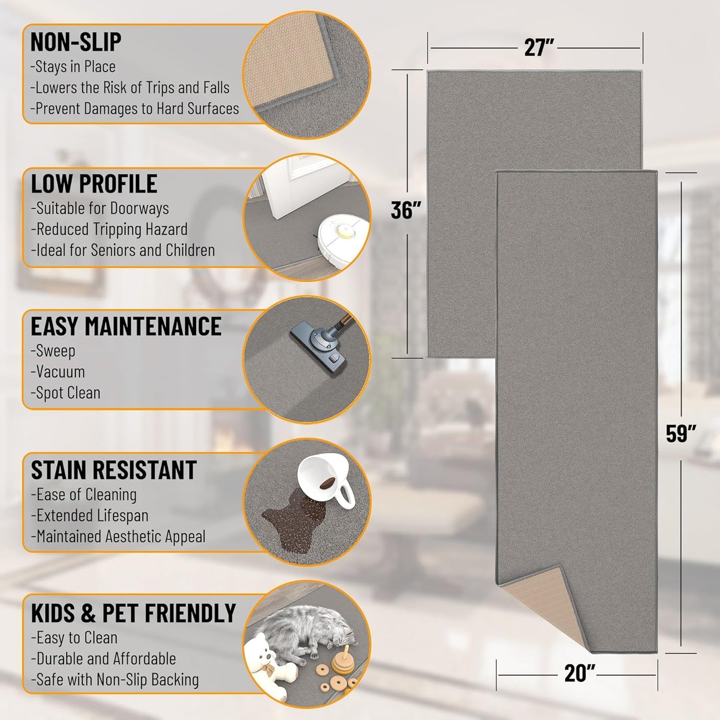 Ottomanson 2-Piece Kitchen Rug Set - Non Slip, Runner & Small Area Rug - Solid - 20" x 59" & 2'3" x 3' - Durable, Stain Resistant for Entryway, Bedroom and Bathroom, Gray