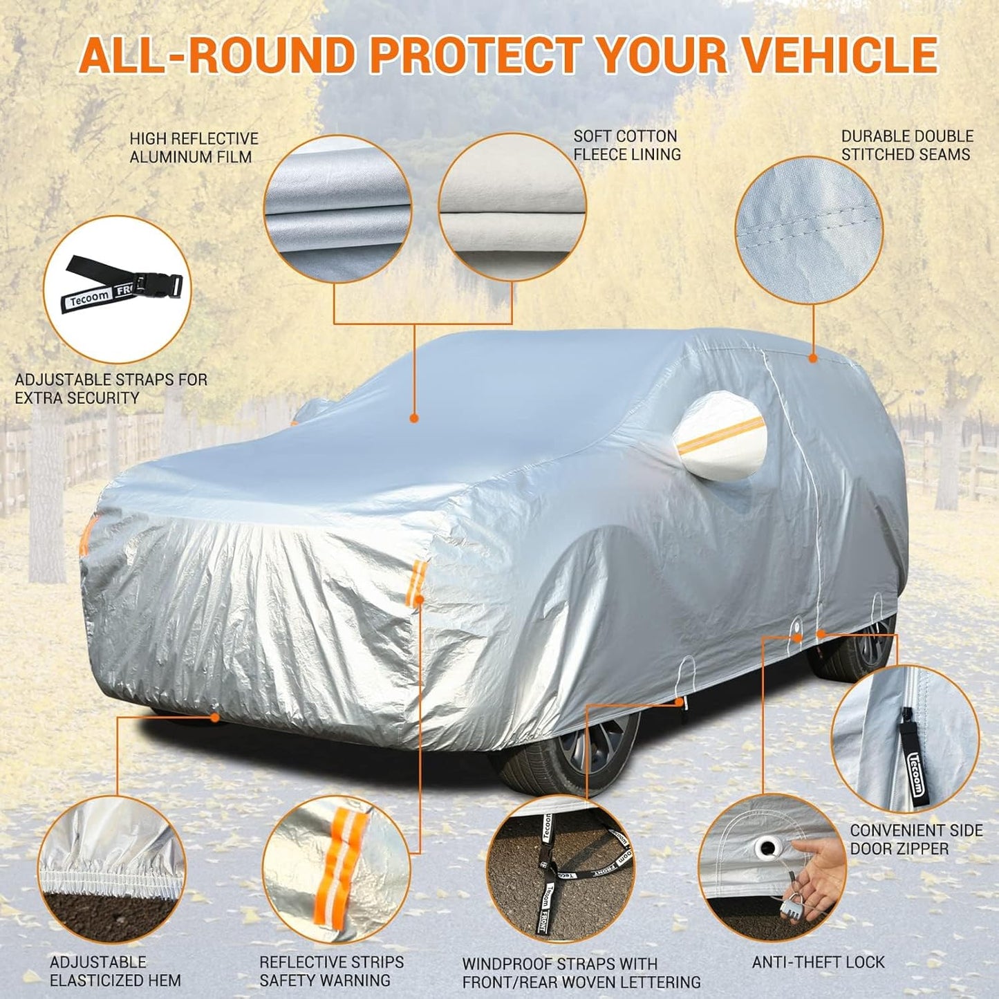 Tecoom Car Cover Waterproof All Weather, Fleece Lining Car Covers for Automobiles with Zipper Door Lock, 3 Layers Outdoor Indoor Full Car Cover Snow Hail UV Sun Protection Fit for SUV (206-215 Inch)