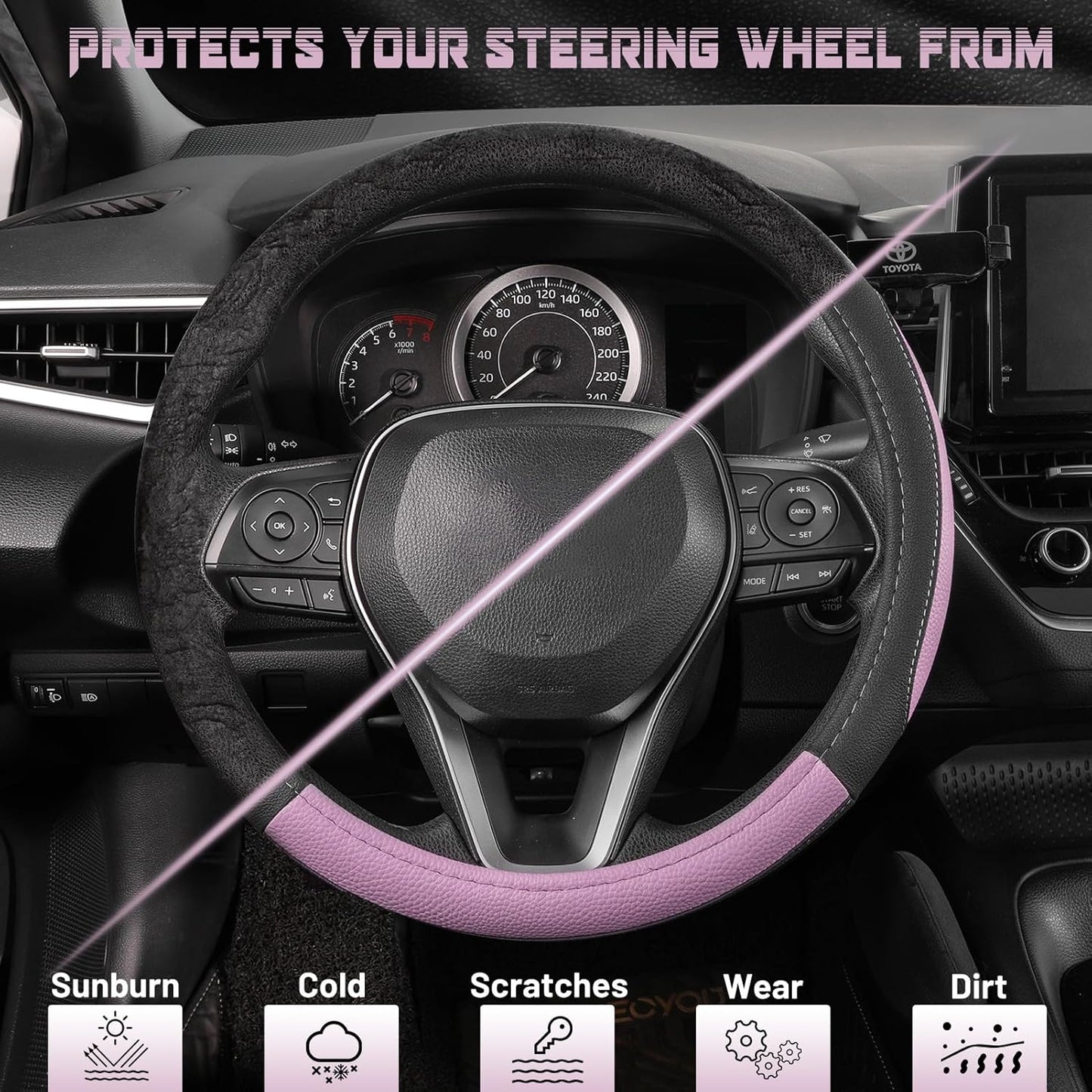 SEG Direct Steering Wheel Cover for Car, Standard Size 14.5-15 inch, Auto Interior Accessories, Black and Light Purple